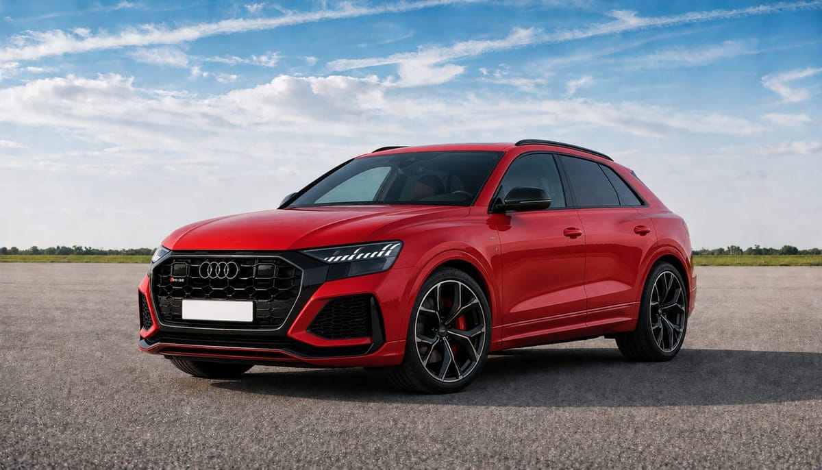 A red Audi RS Q8 under a light sky.