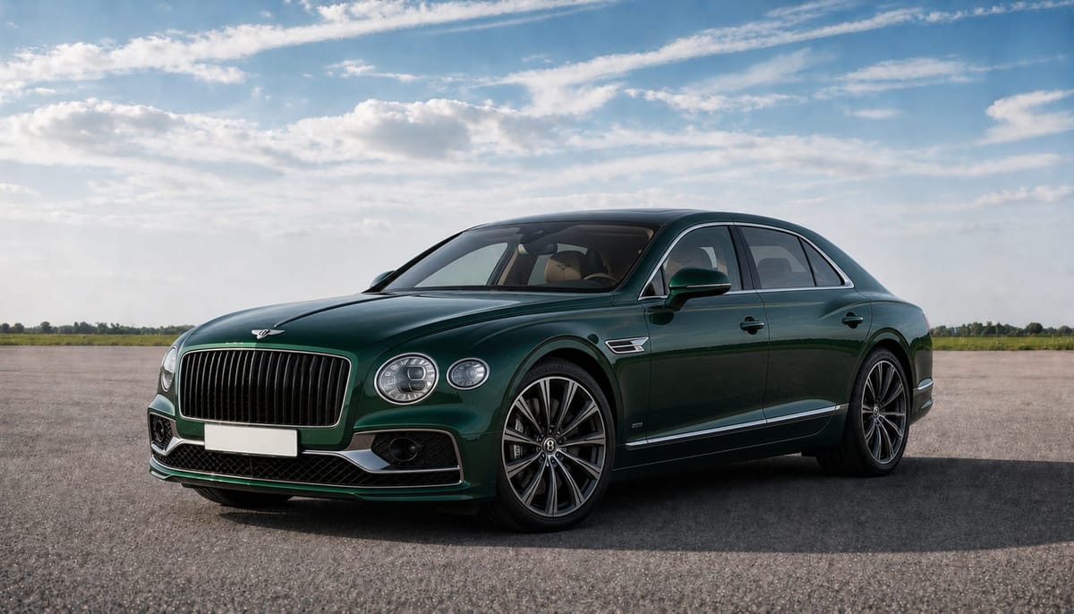 A British Racing Green Bentley Flying Spur under a bright sky.